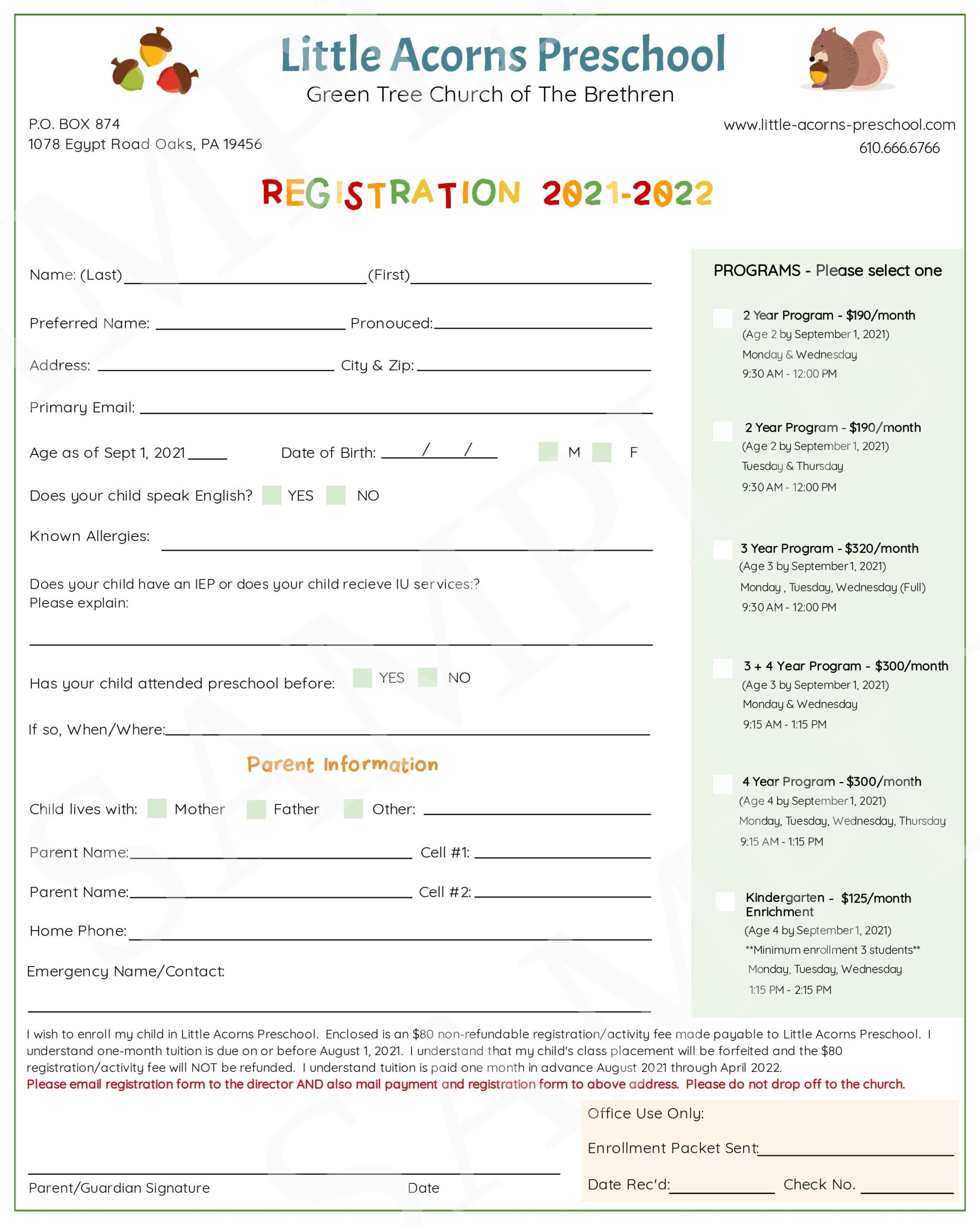 Editable Preschool Enrollment Form Template Registration Daycare 