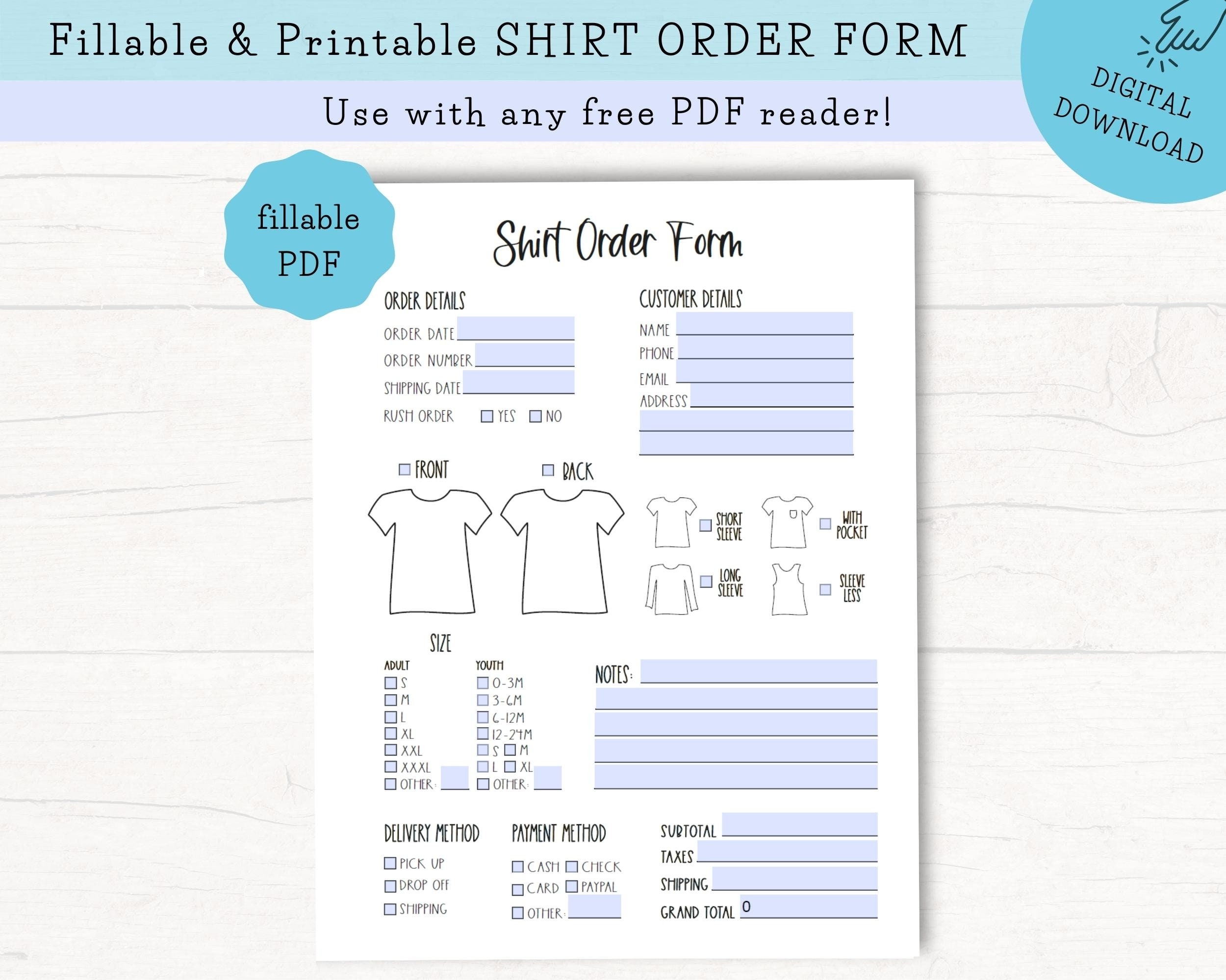 Editable Shirt Order Form Sweater Order Form Tank Top Order Form T shirt Order Form Apparel Order Form Editable Fillable Template PDF Etsy