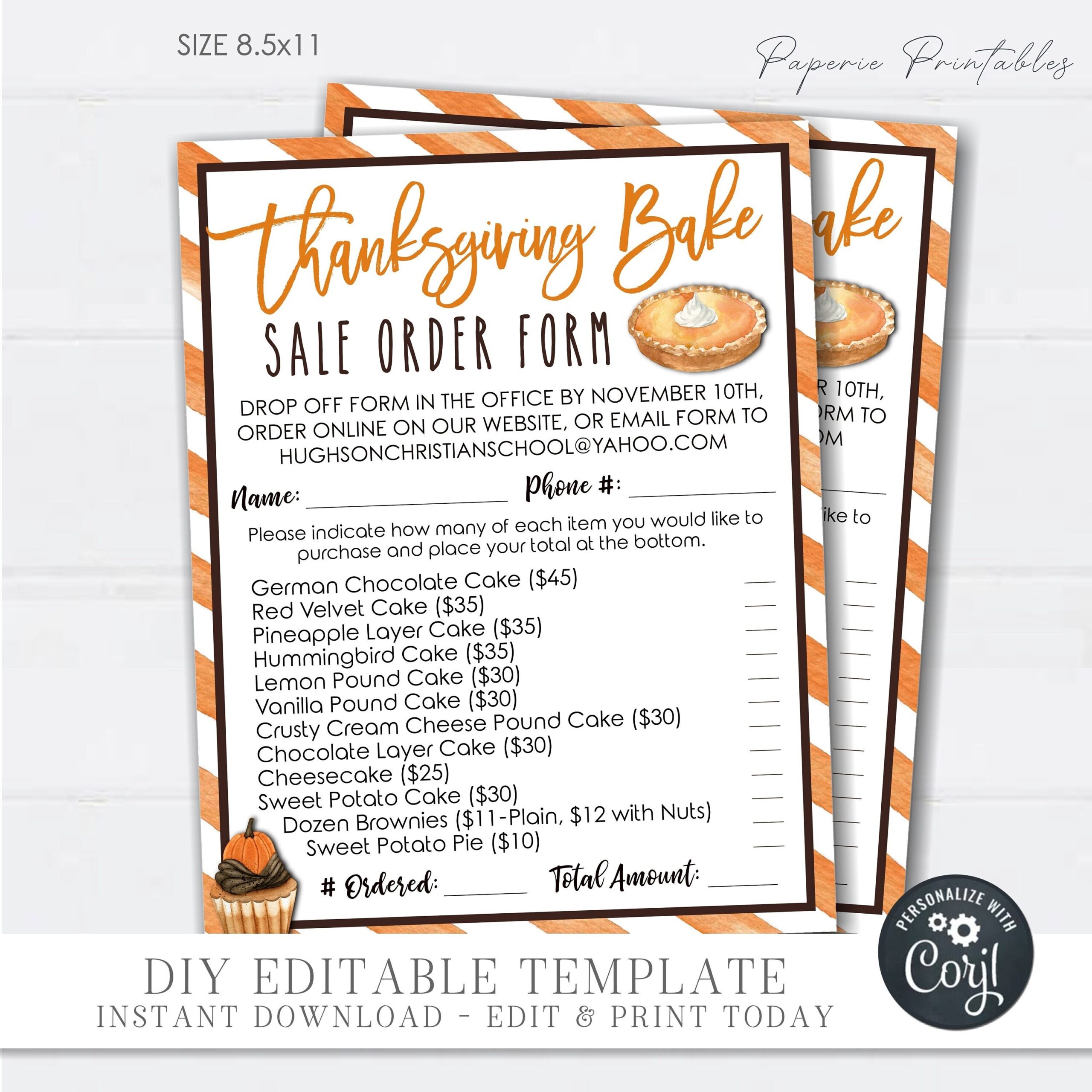 EDITABLE Thanksgiving Bake Sale Order Form Pie Sale Order Form 