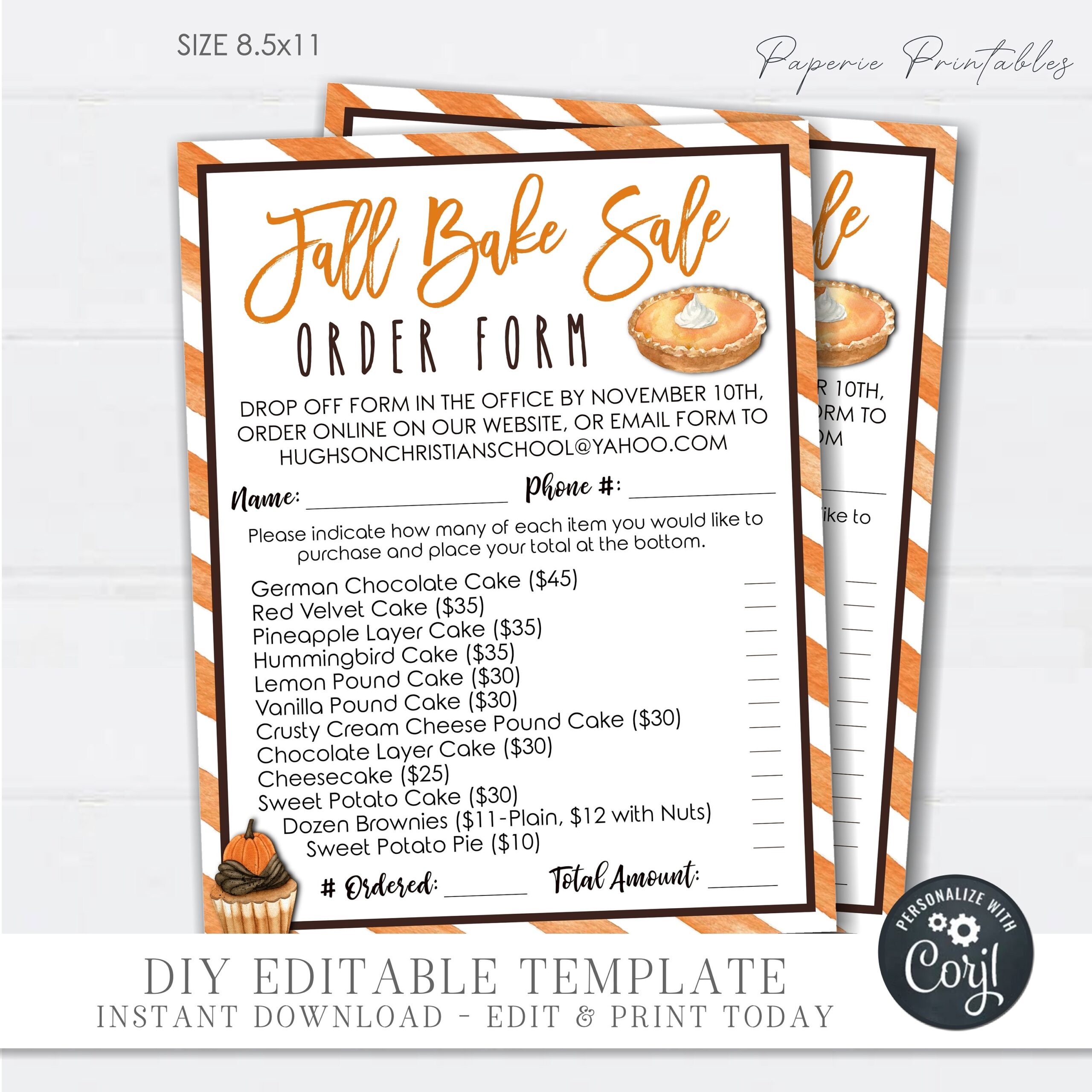 EDITABLE Thanksgiving Bake Sale Order Form Pie Sale Order Form Template Order Form Printable DIY Corjl FH10 FH06 FH04 TG34 TG35 Etsy