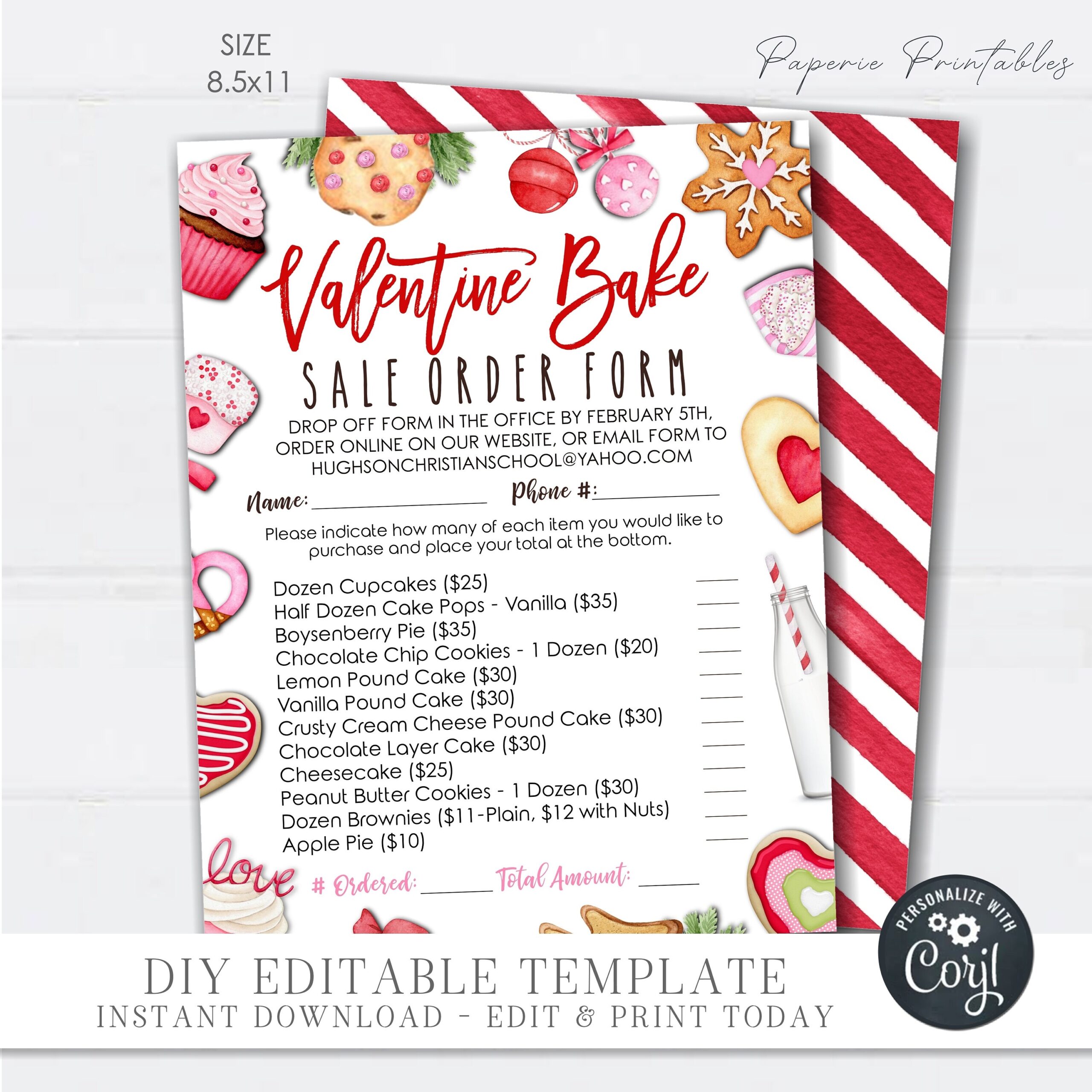 EDITABLE Valentine Bake Sale Order Form Valentine Bake Order Template Valentine Fundraiser Order Form Printable DIY Corjl VP13 VP14 Etsy