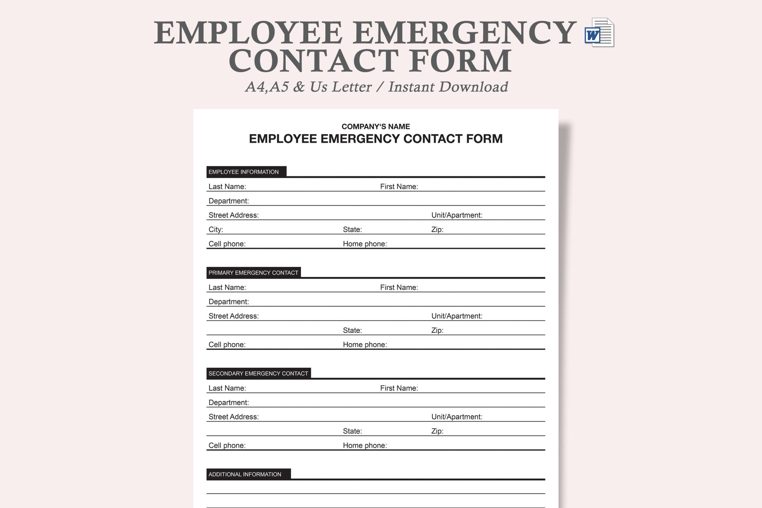 Emergency Contact Form employee Emergency Contact Form employee Emergency Contact Form Template emergency Contact Card Template Word Etsy