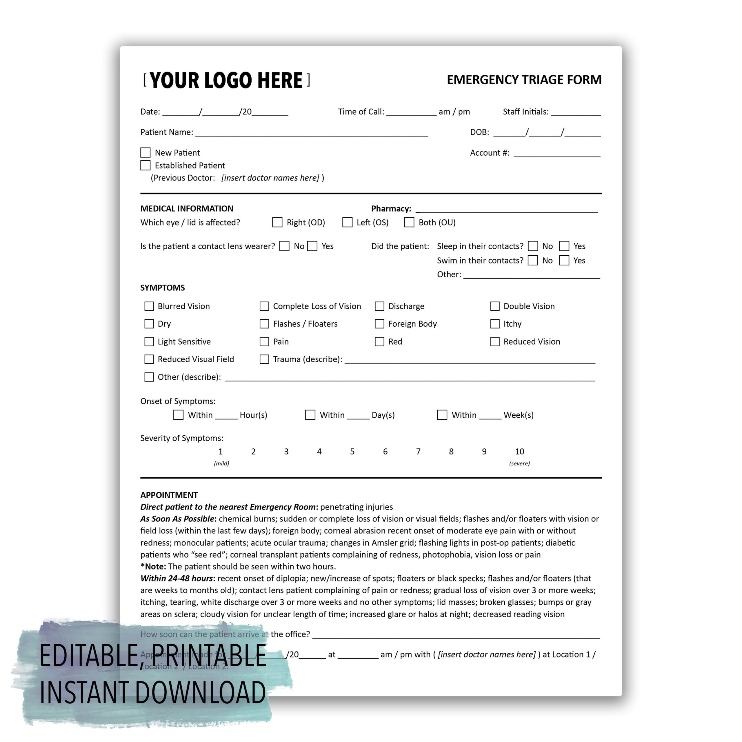 Emergency Triage Form Healthcare Optometry Ophthalmology Printable Editable Instant Digital Download Etsy Ireland