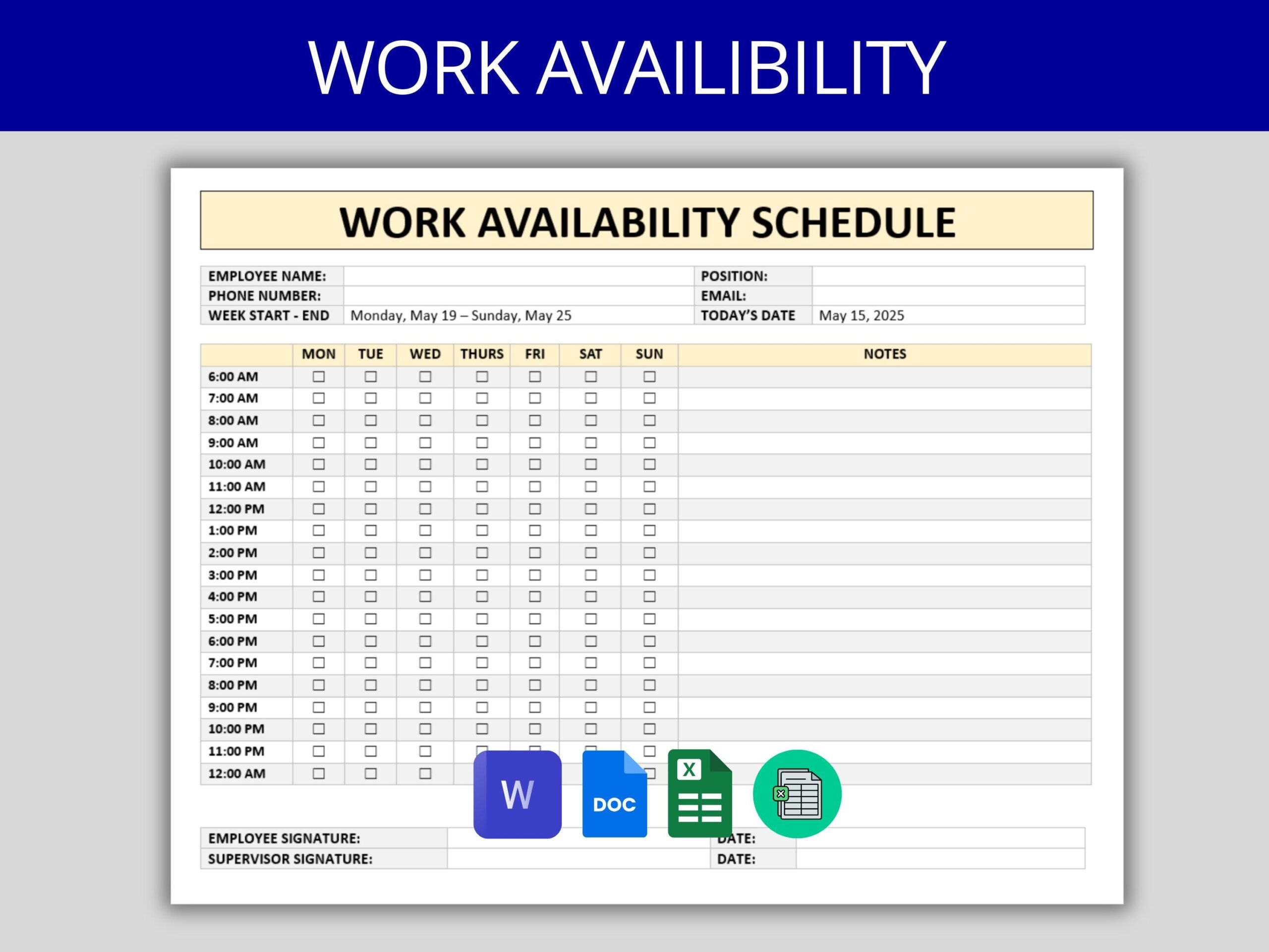 Employee Availability Form Shift Schedule Template Work Availability Sheet Excel Word Google Sheets And Docs Scheduling Weekly Etsy Australia