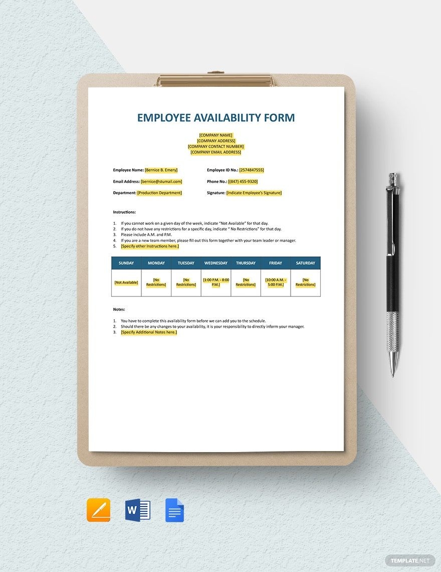 Employee Availability Form Template In Word Pages Google Docs Download Template