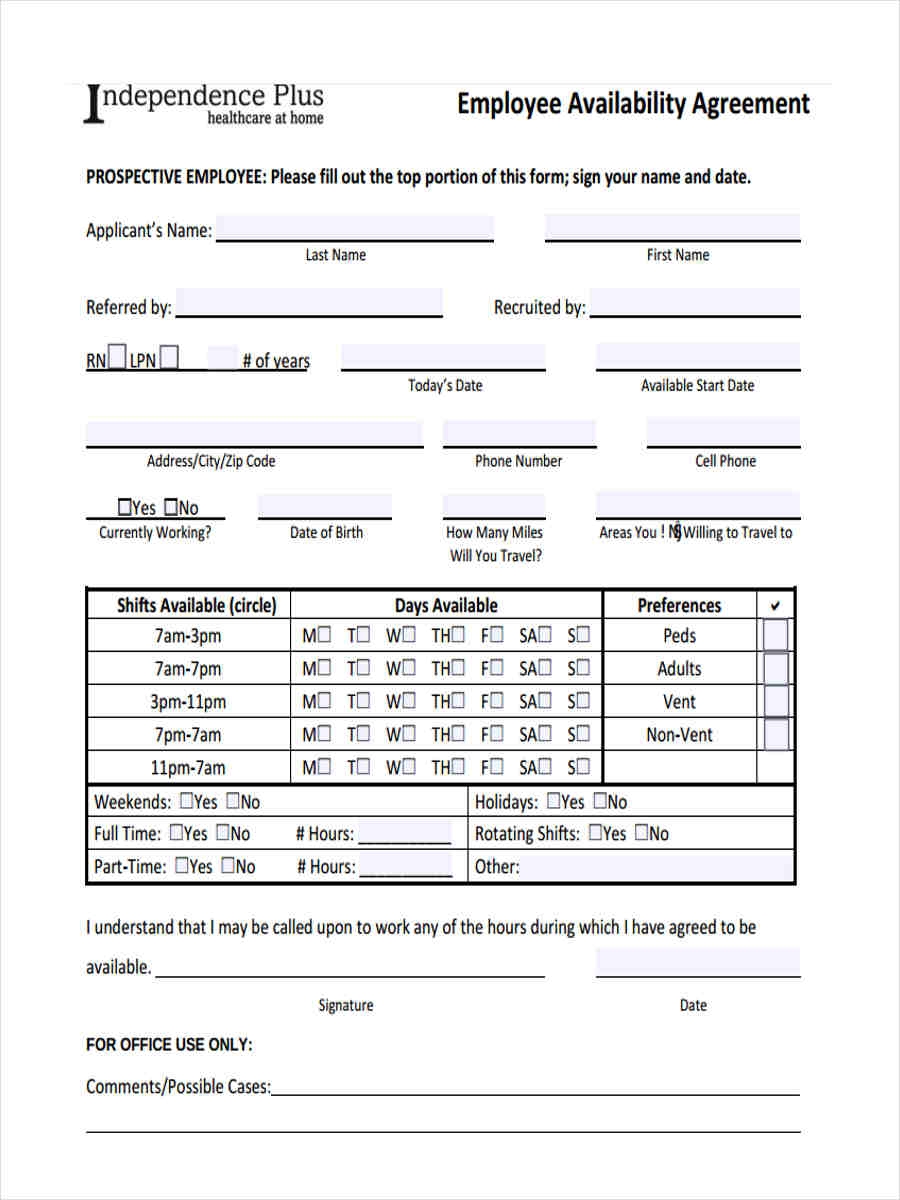 Employee Availability Form Template Project Management Templates
