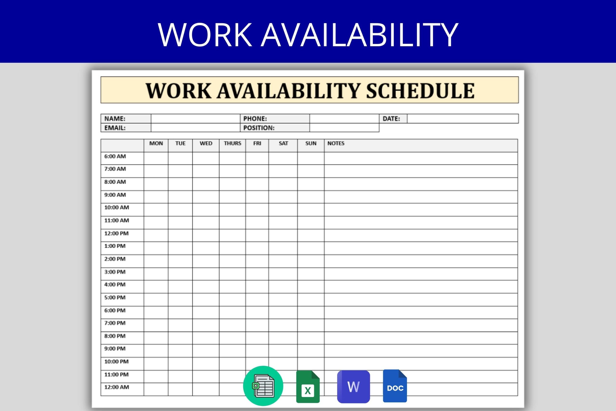 Employee Availability Form Weekly U0026 Hourly Schedule Template Work Availability Sheet Excel Word Google Sheets And Docs Spreadsheet Etsy Ireland