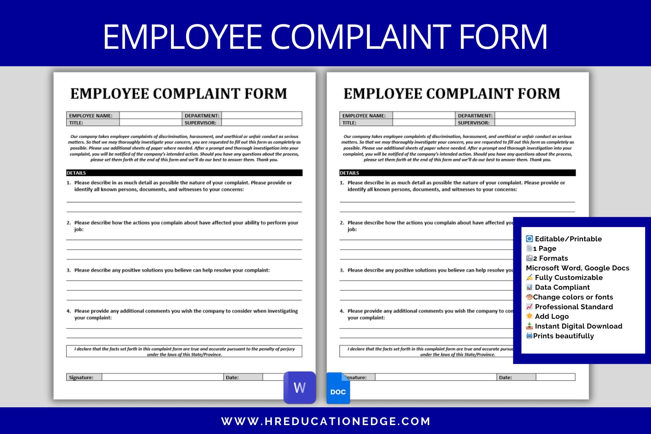 Employee Complaint Form MS Word Google Doc Document HR 