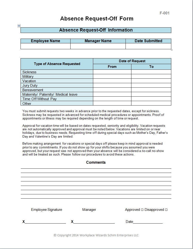 Employee Request Off Form Workplace Wizards Restaurant Consulting