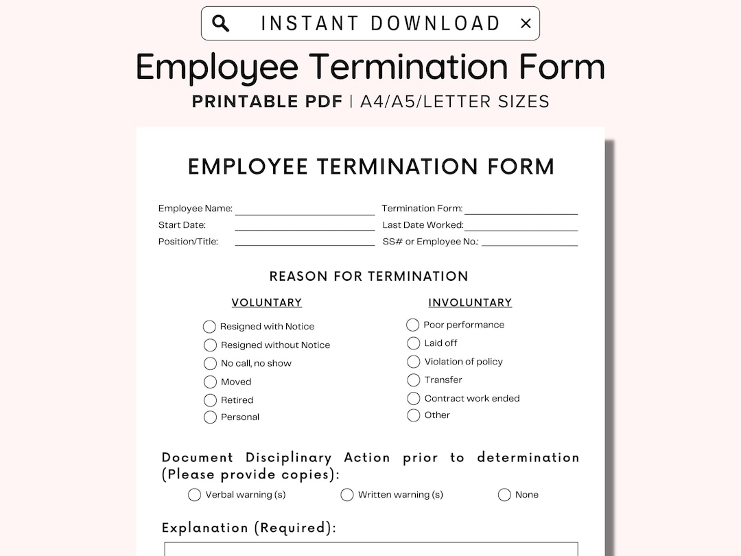 Employee Termination Form Printable Employee Termination Form Editable Employee Termination Form Business Tools Procedure For Employees Etsy