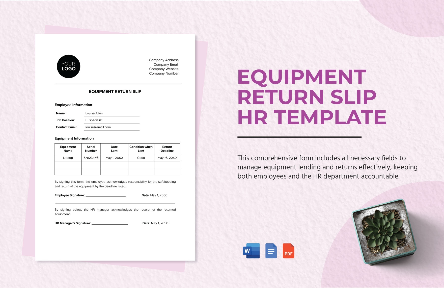 Equipment Return Slip HR Template In Word PDF Google Docs 