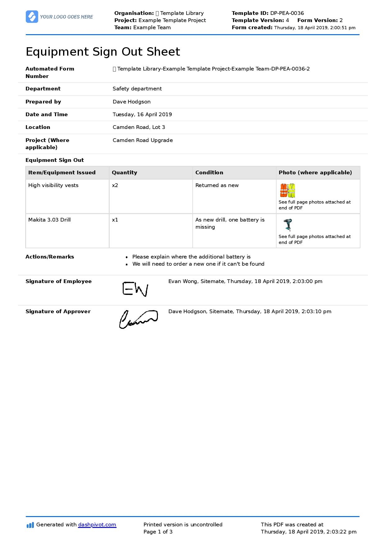 Equipment Sign Out Form Template