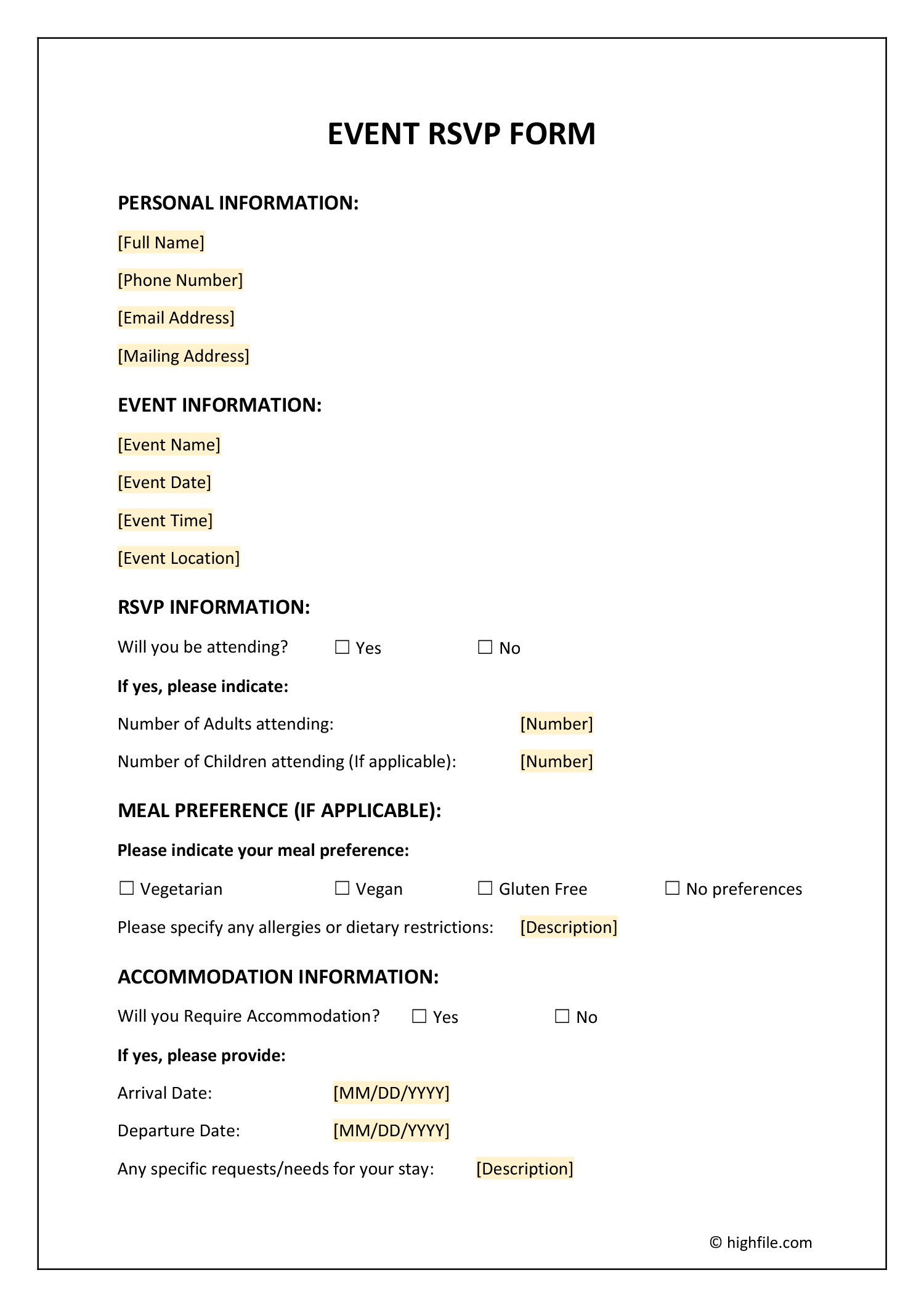 Event RSVP Form Word PDF Google Docs Highfile