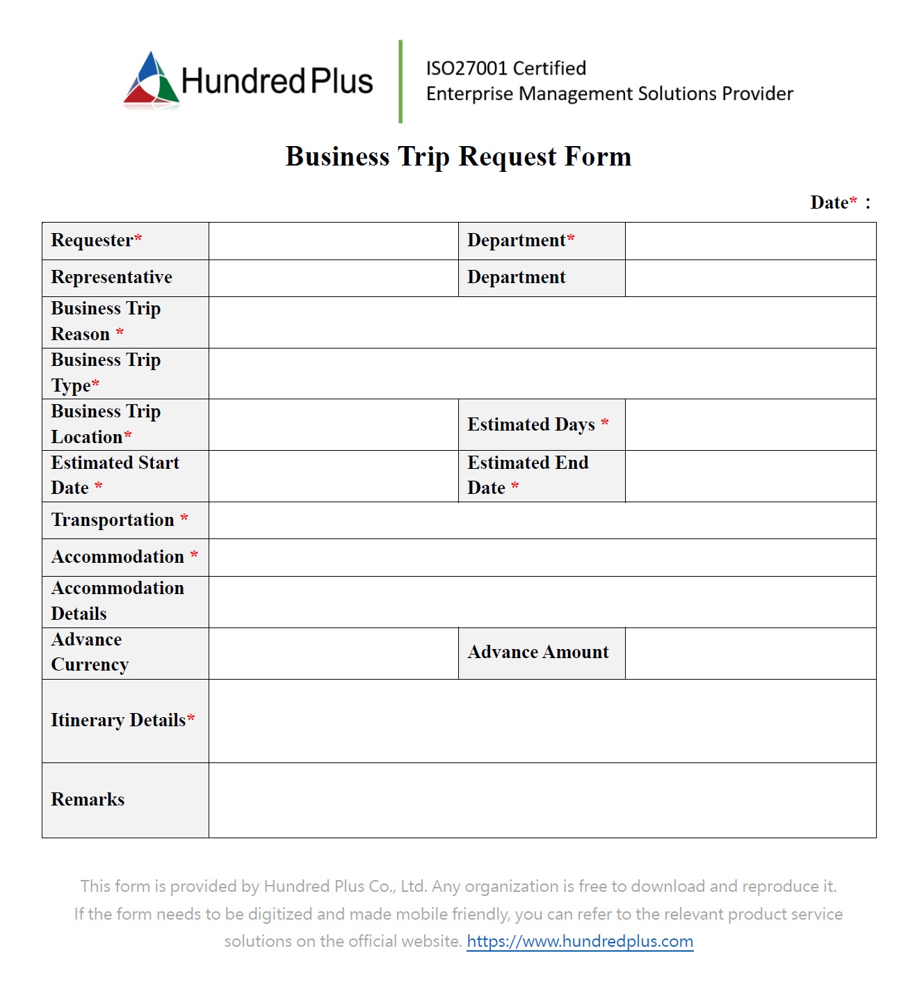 Example Form Business Trip Request Form 101Form