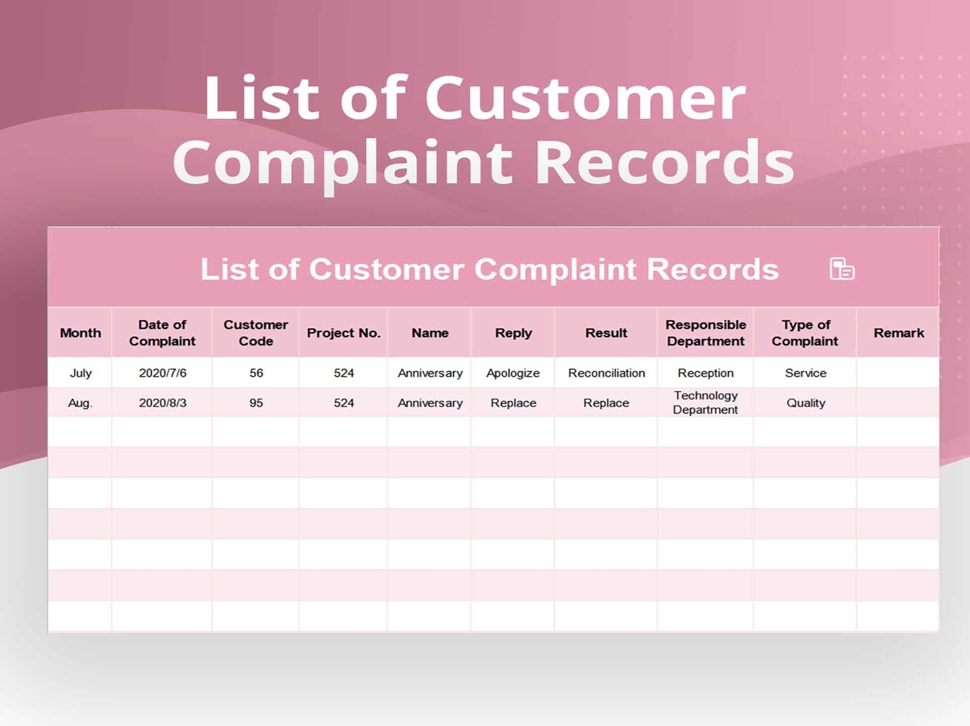 EXCEL Of Customer Complaint Record List xlsx WPS Free Templates
