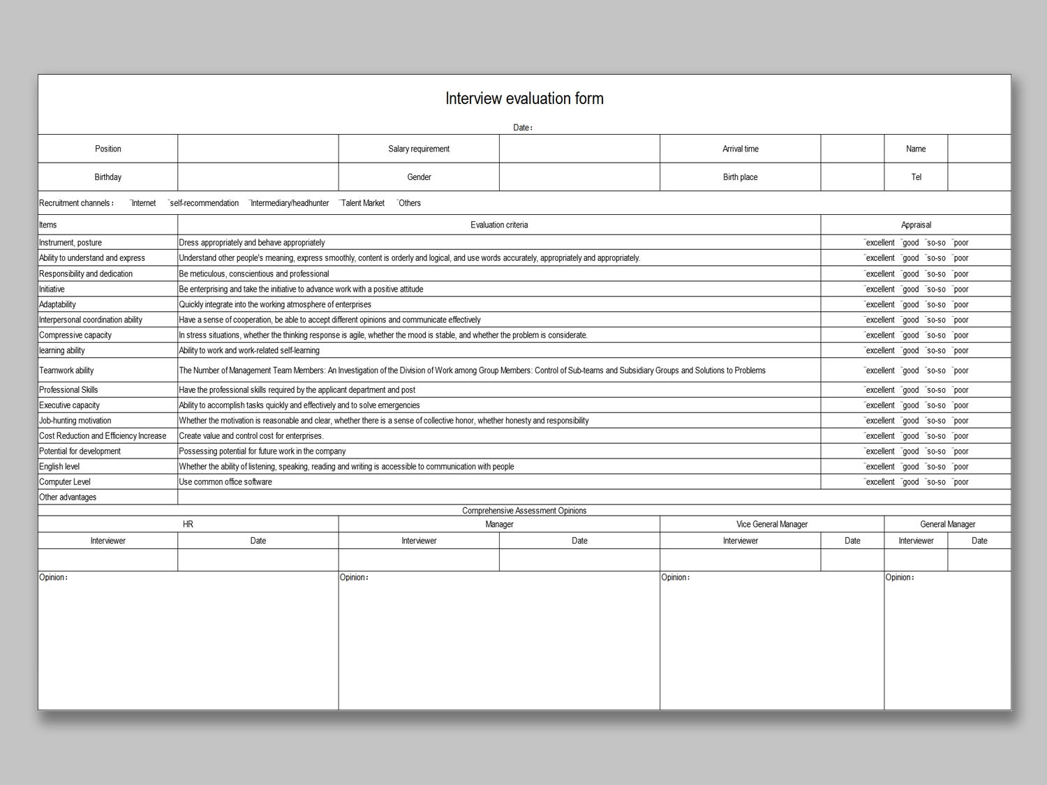 EXCEL Of Interview Evaluation Form xlsx WPS Free Templates