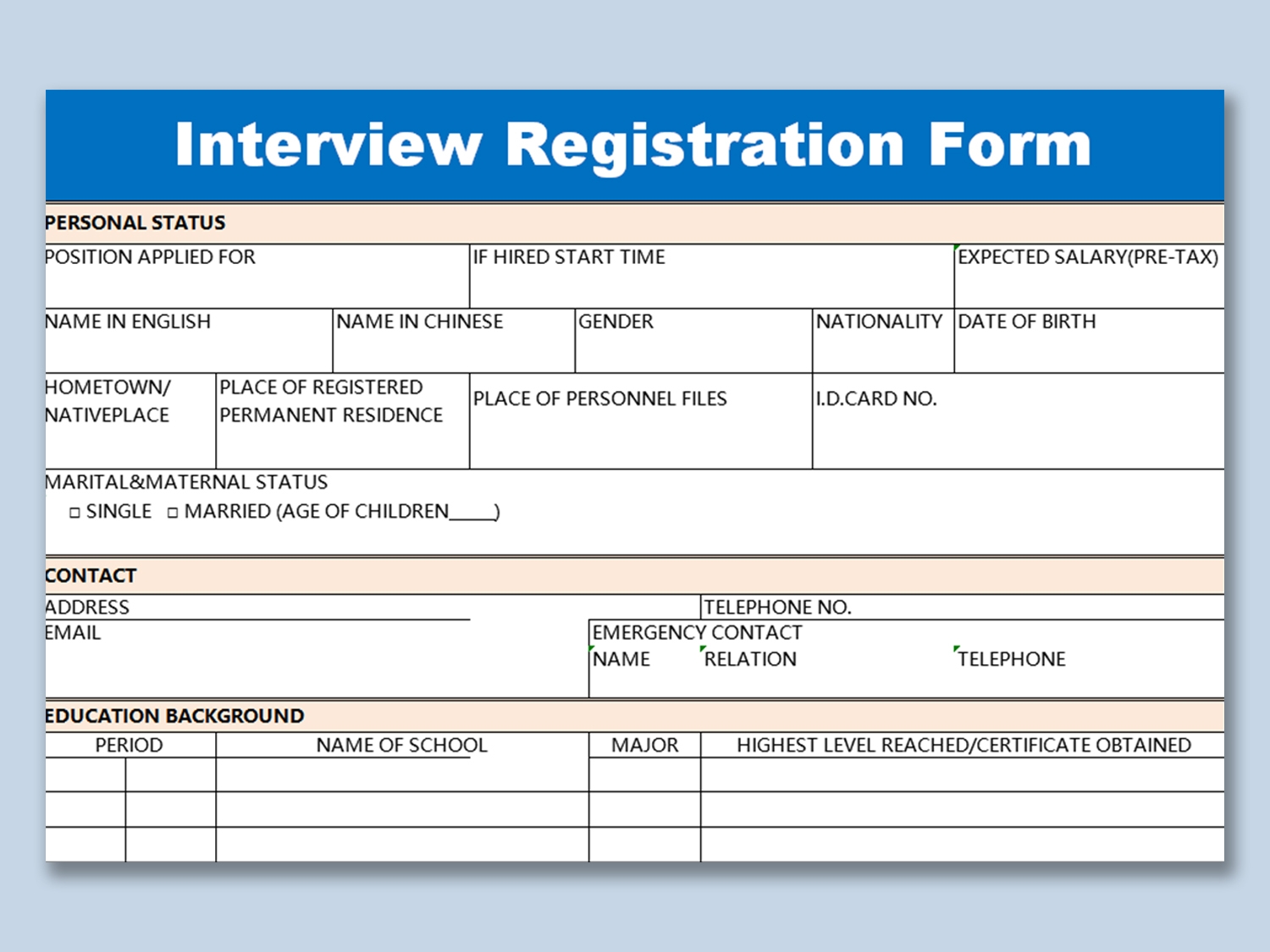 EXCEL Of Interview Registration Form xlsx WPS Free Templates