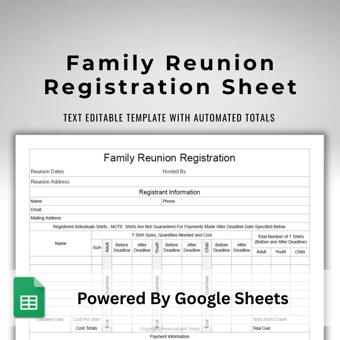 Family Reunion Registration Form Reunion Event Planner Google Sheets Template For Organizing Family Reunion Guest Attendance U0026 T Shirts Info Etsy