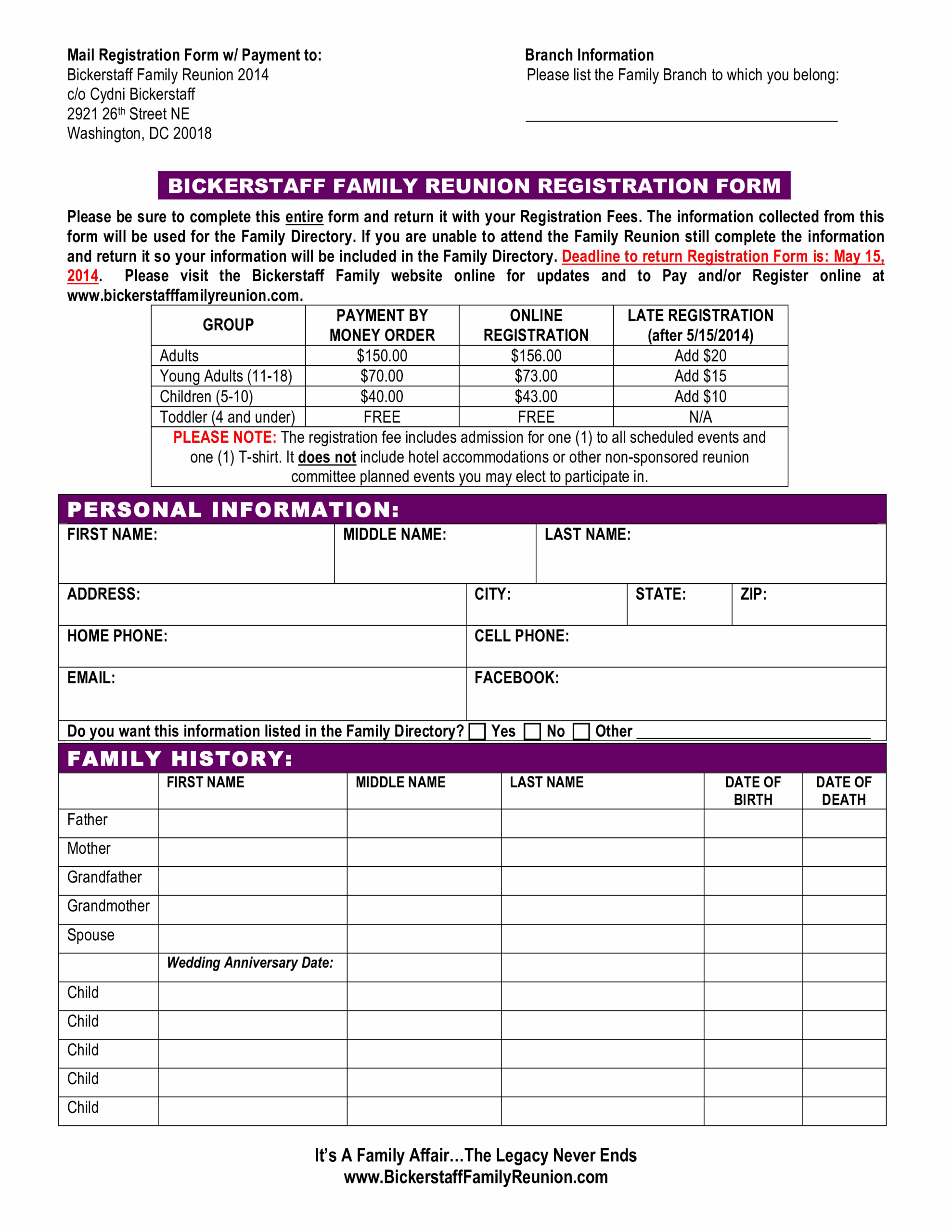 Family Reunion Registration Form Template Word Project 
