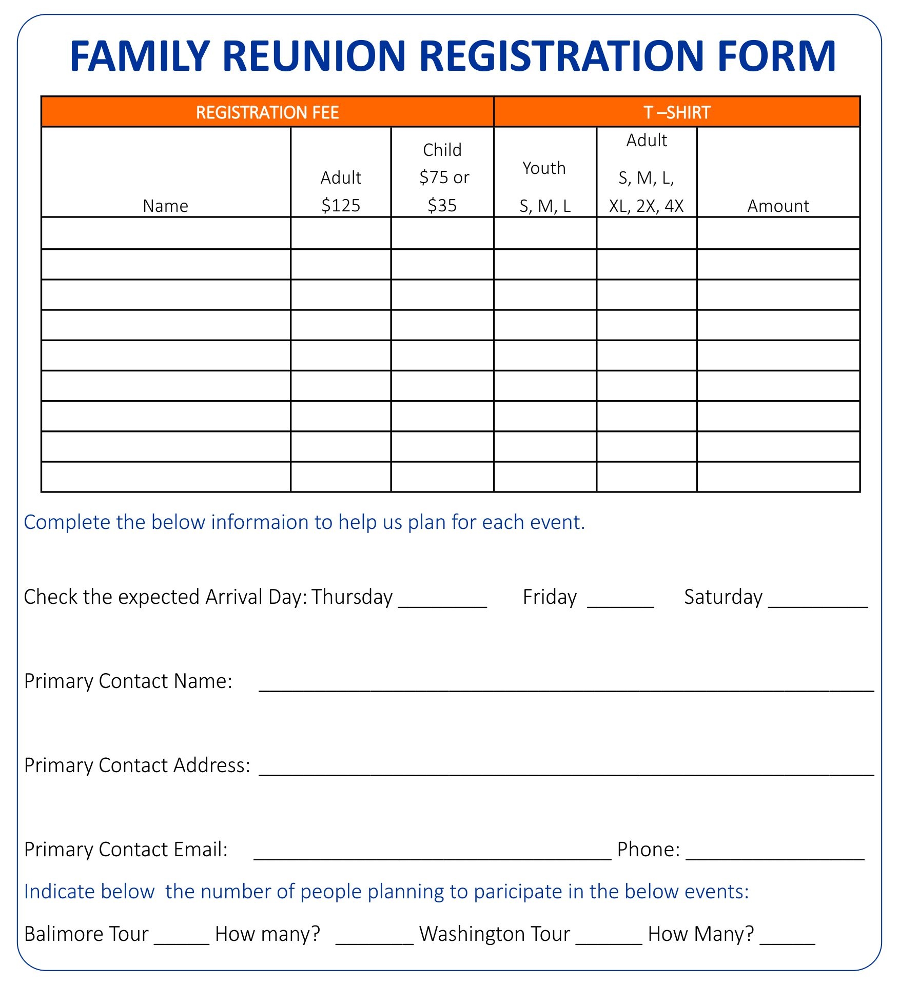 Family Reunion Registration Form Template Word