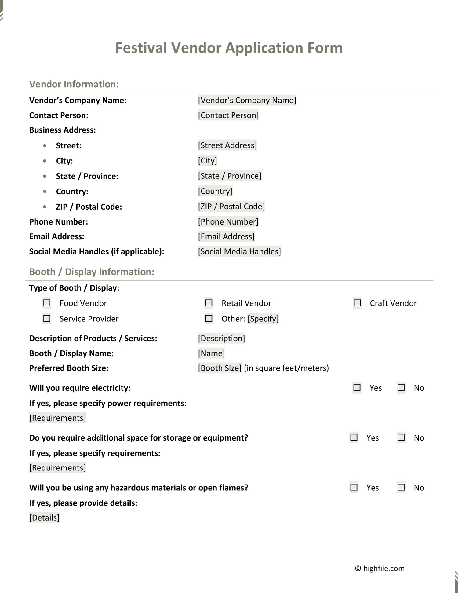Vendor Application Form Template Word