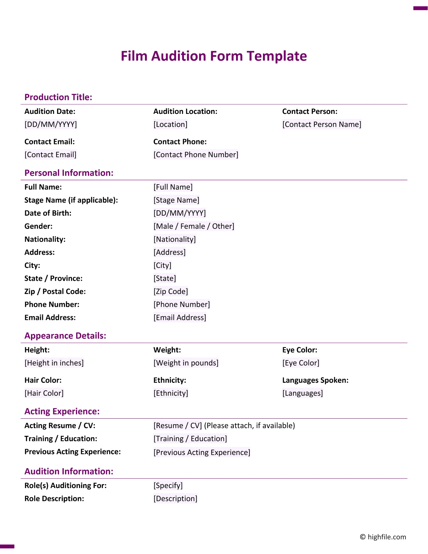 Film Audition Form Template Word Google Docs Highfile