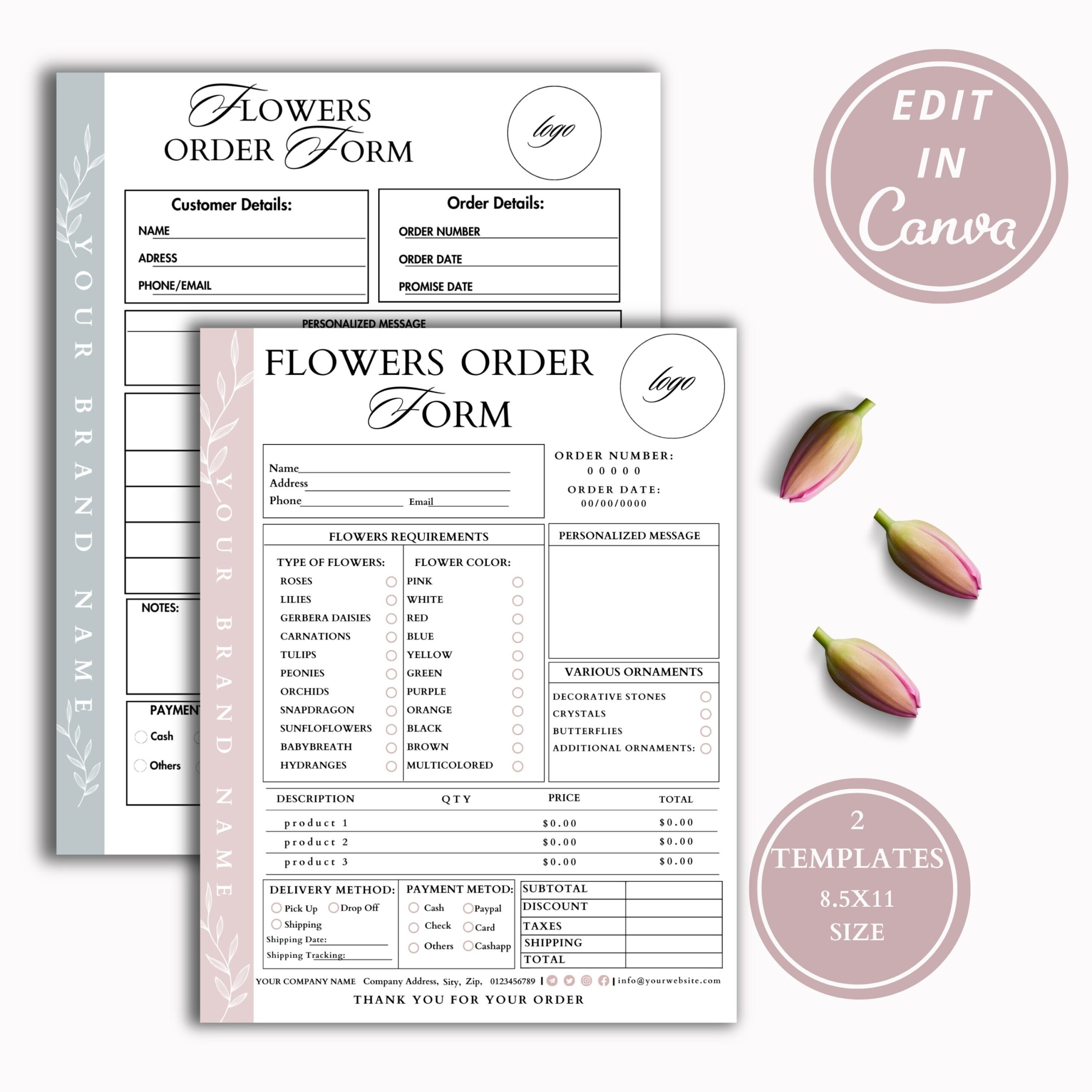 Florist I Order From I Wedding Flowers I Invoice Template Order Form Template Florist Business Etsy