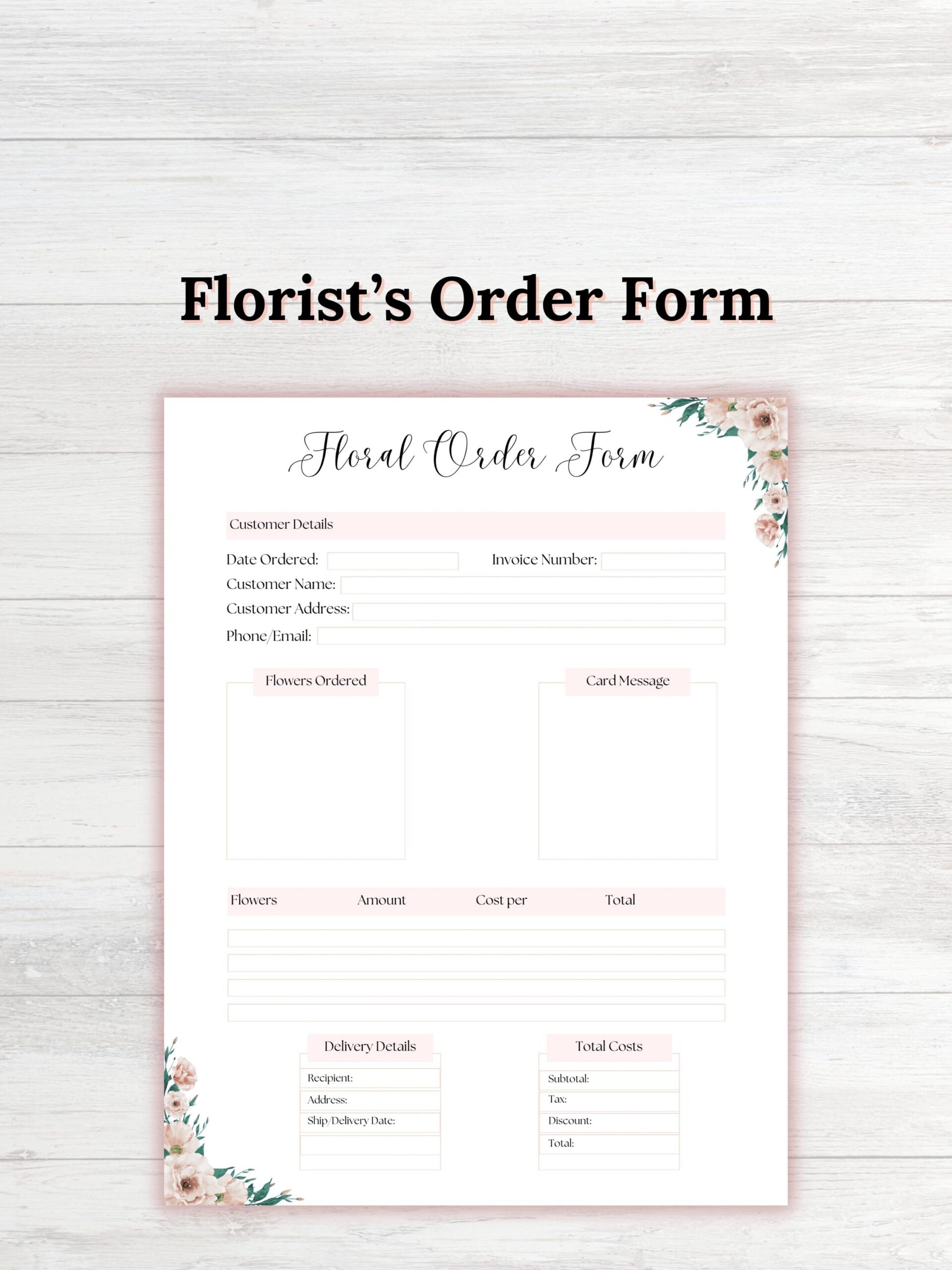 Florist Order Form Florist Order Florist Wedding Intake Form 