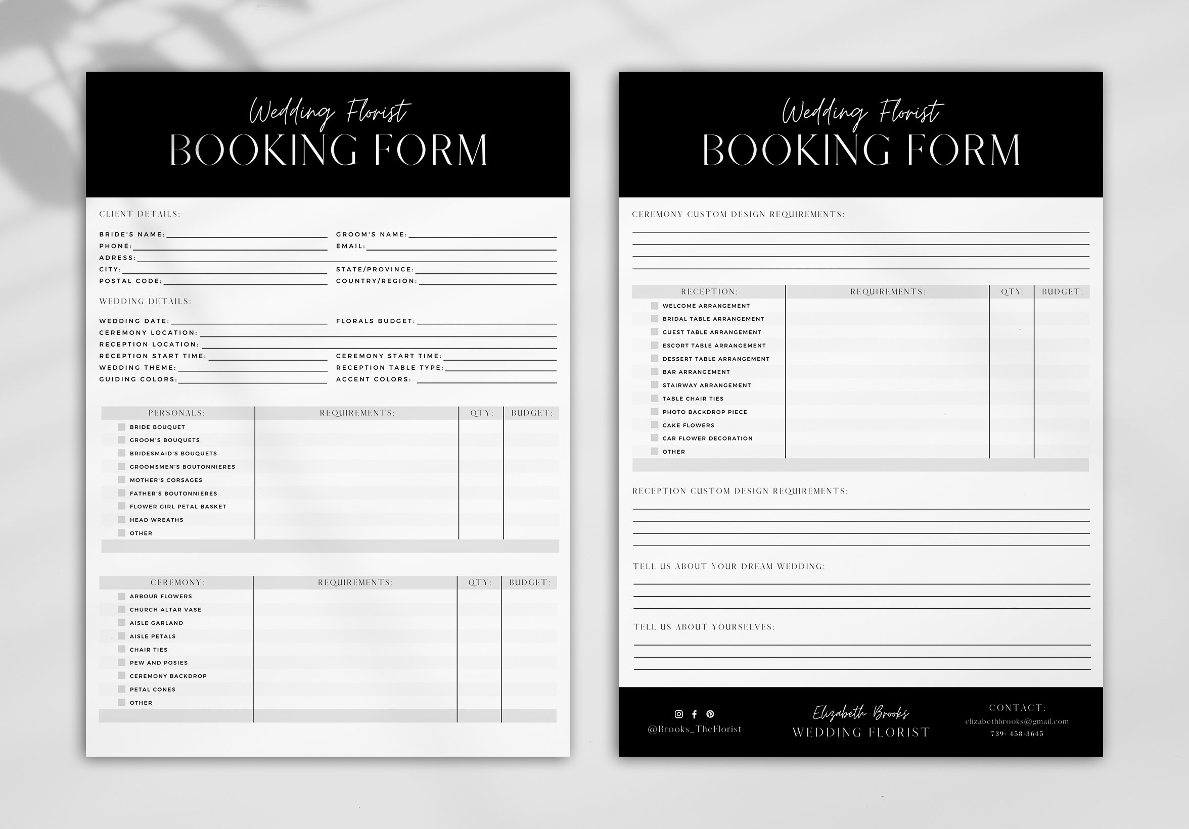 Florist Wedding Booking Form Wedding Order Forms Florist Consultation Form Canva Order Forms For Florist Monochrome Inquiry Form Etsy
