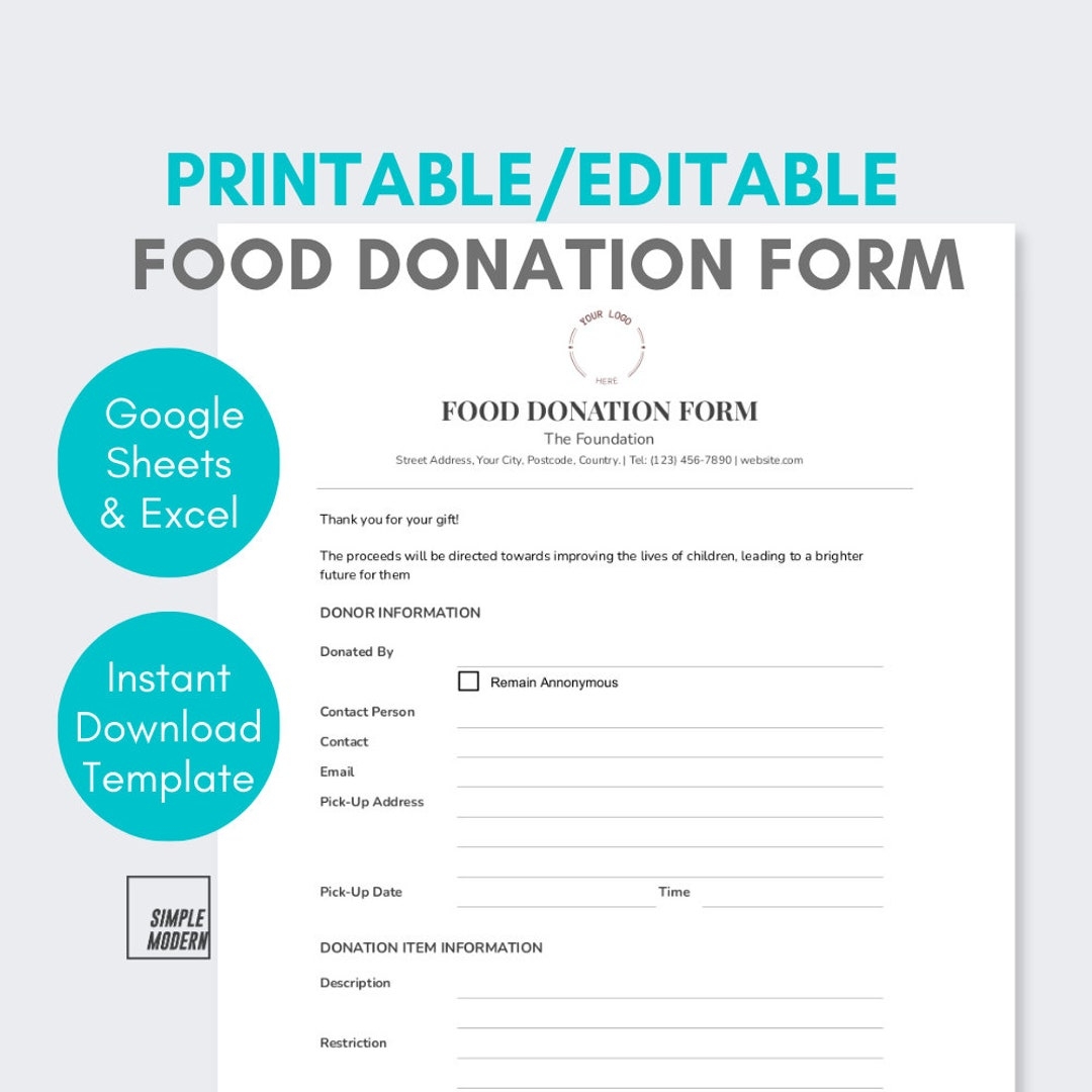 Food Donation Form Template Printable Editable In Excel And Google Sheets Instant Download For Non profit Charity Organization Or Food Bank Etsy