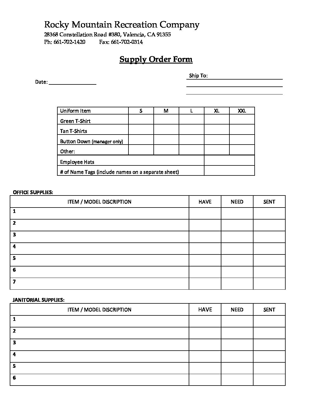 Supply Order Form Template