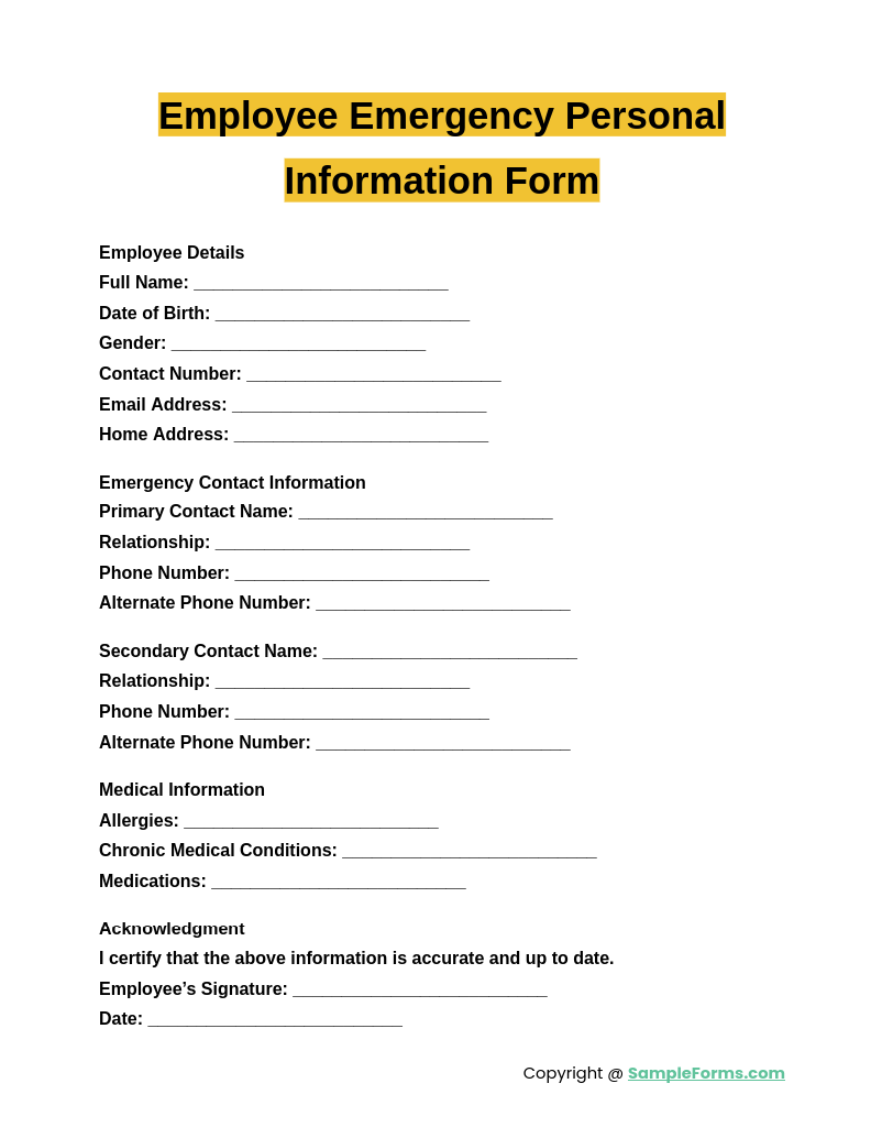 FREE 12 Employee Personal Information Form Samples PDF MS Word Google Docs Excel