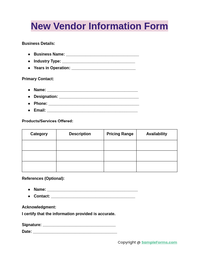FREE 14 Vendor Information Form Samples PDF MS Word Google Docs Excel