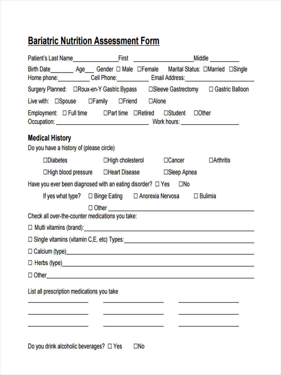 Dietary Assessment Form Template