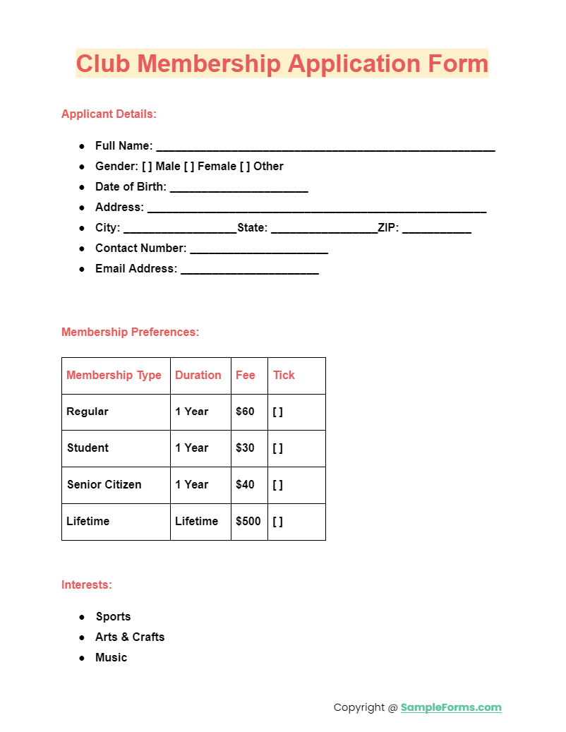 FREE 17 Membership Application Form Samples PDF MS Word Google Docs Excel