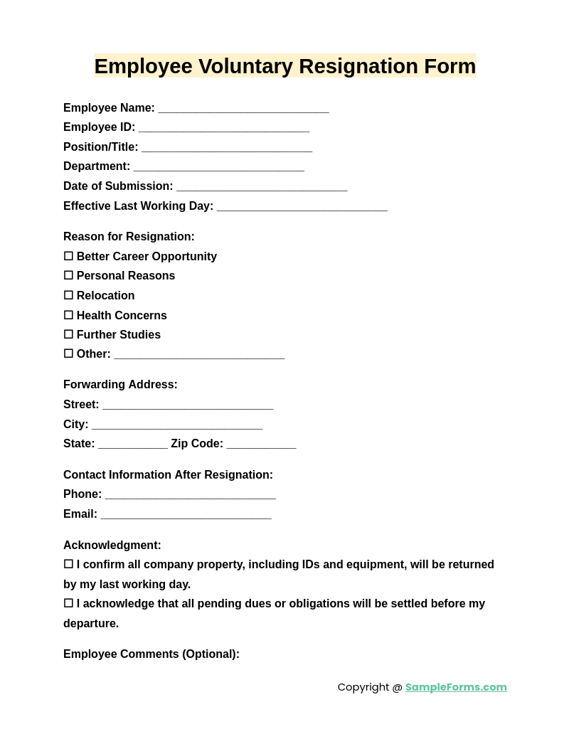 Resignation Form Template