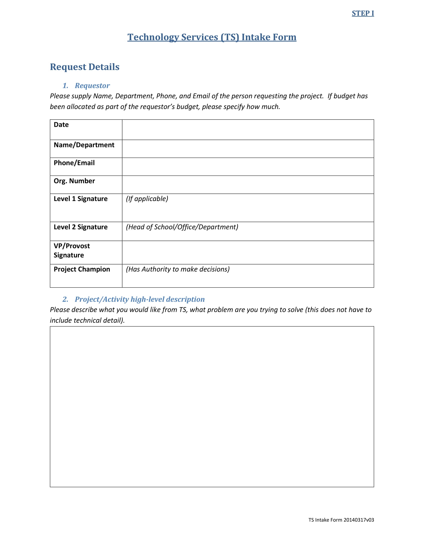 Project Intake Form Template