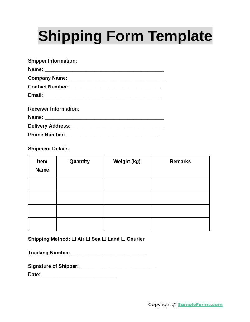 FREE 41 Shipping Form Samples PDF MS Word Google Docs Excel