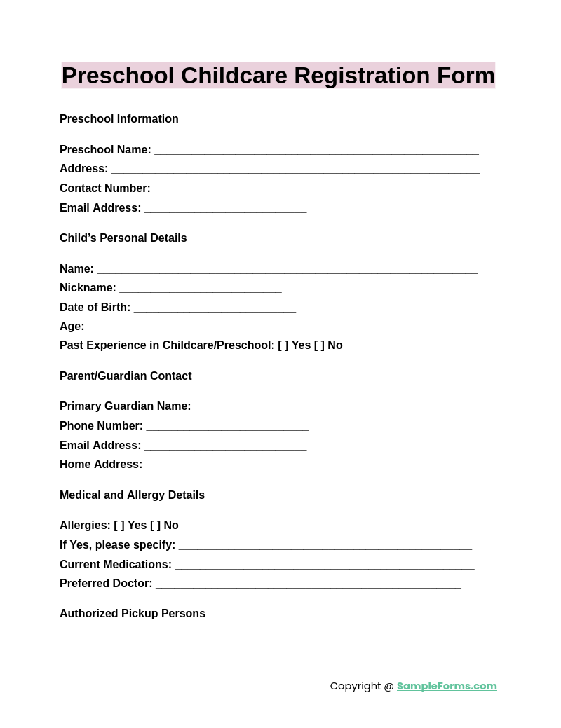 Preschool Enrollment Form Template