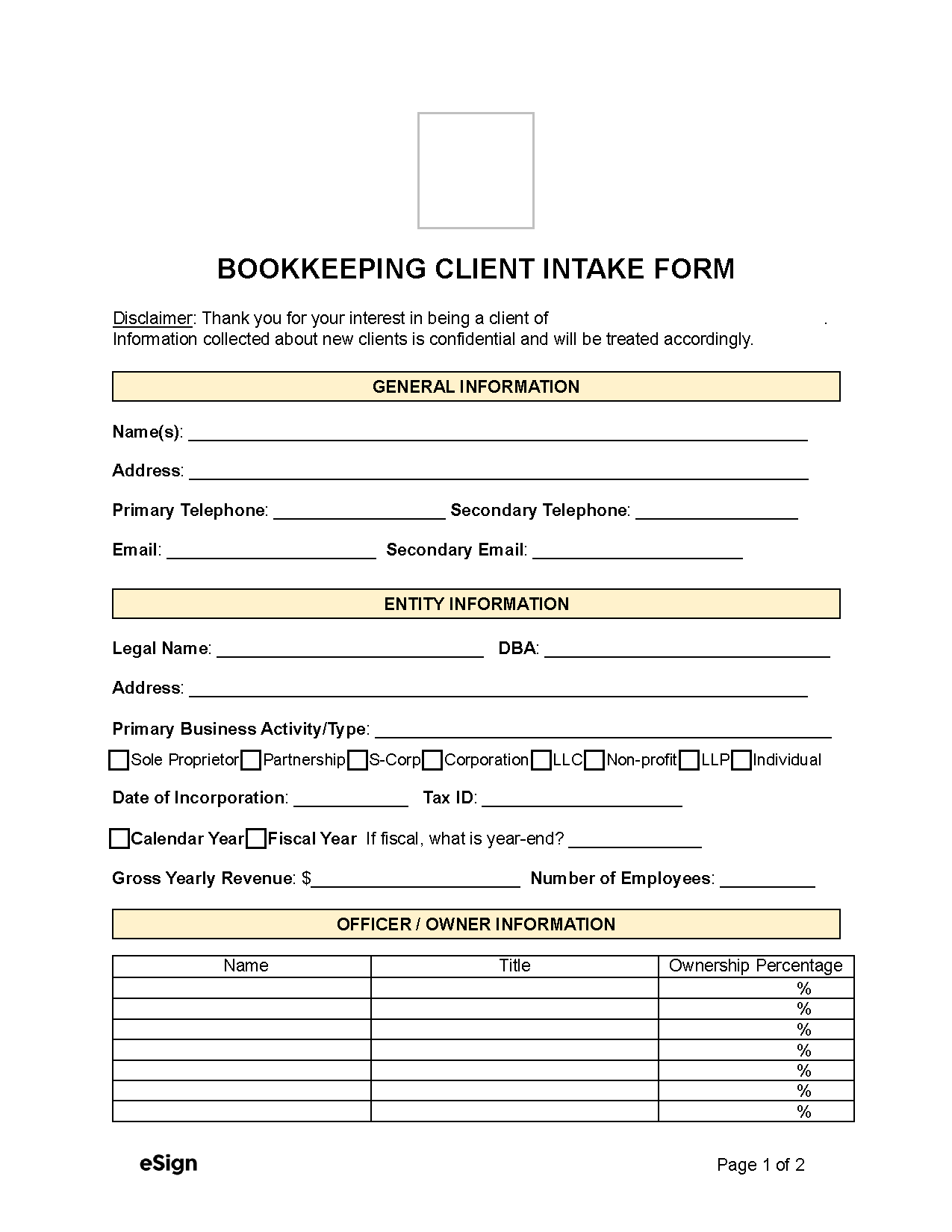 Free Bookkeeping Client Intake Form PDF Word