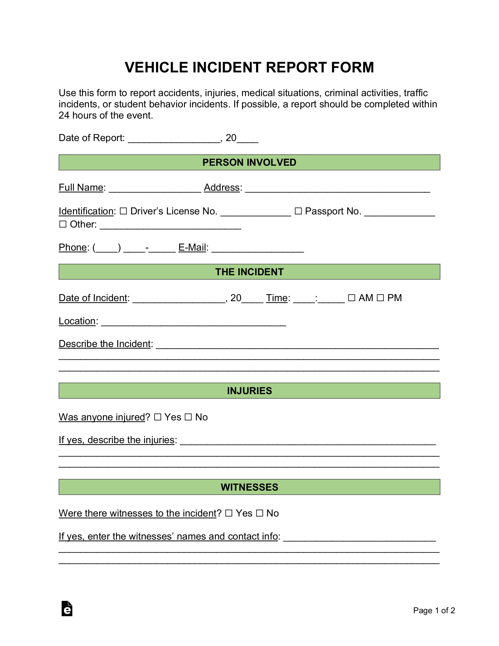 Free Car Motor Vehicle Incident Report Template PDF Word 