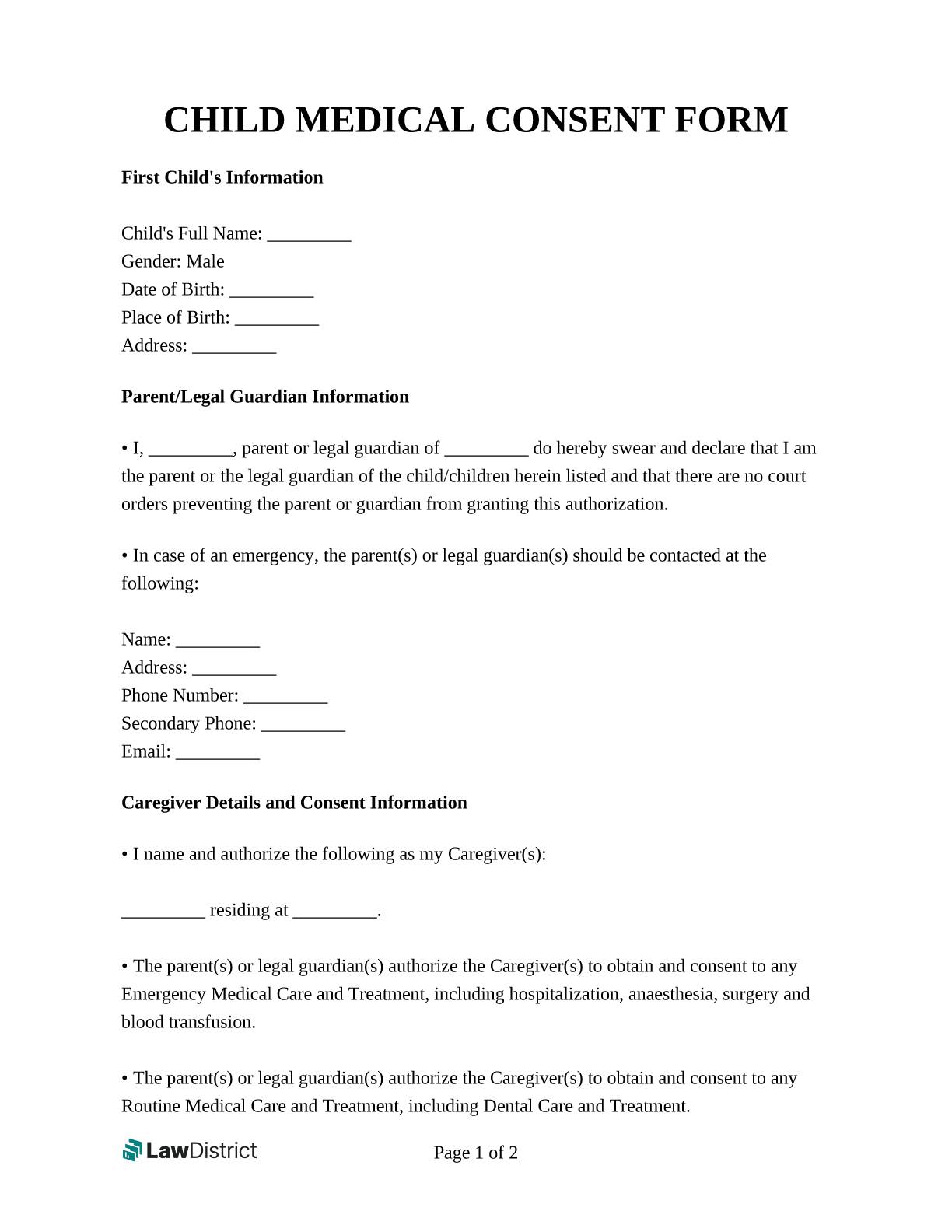 Medical Consent Form For Minor Template