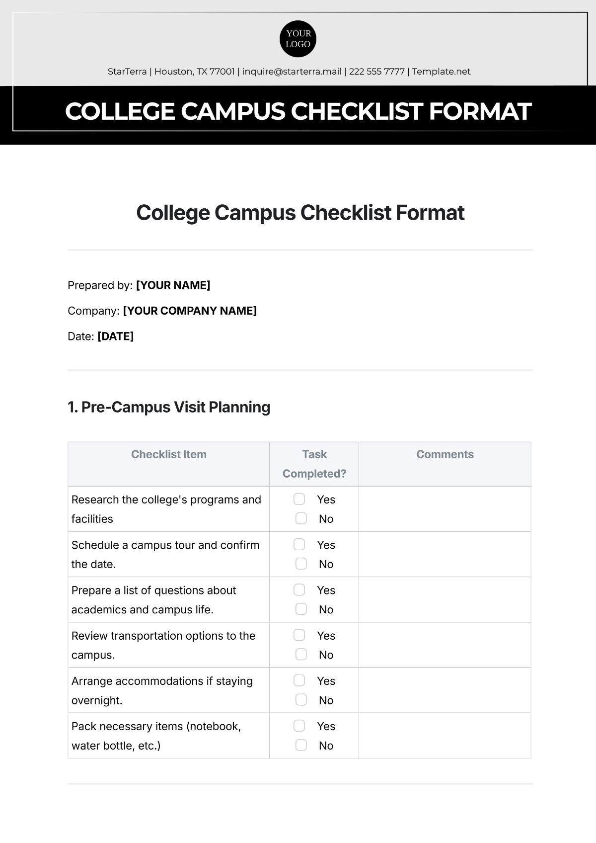 Regional Visit Form Checklist Template
