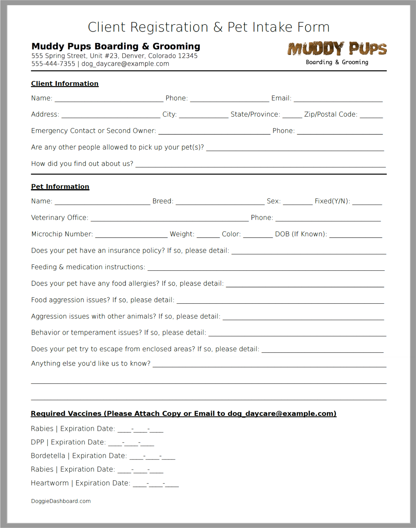 Free Dog Daycare U0026 Boarding Kennel Client Registration And Pet 