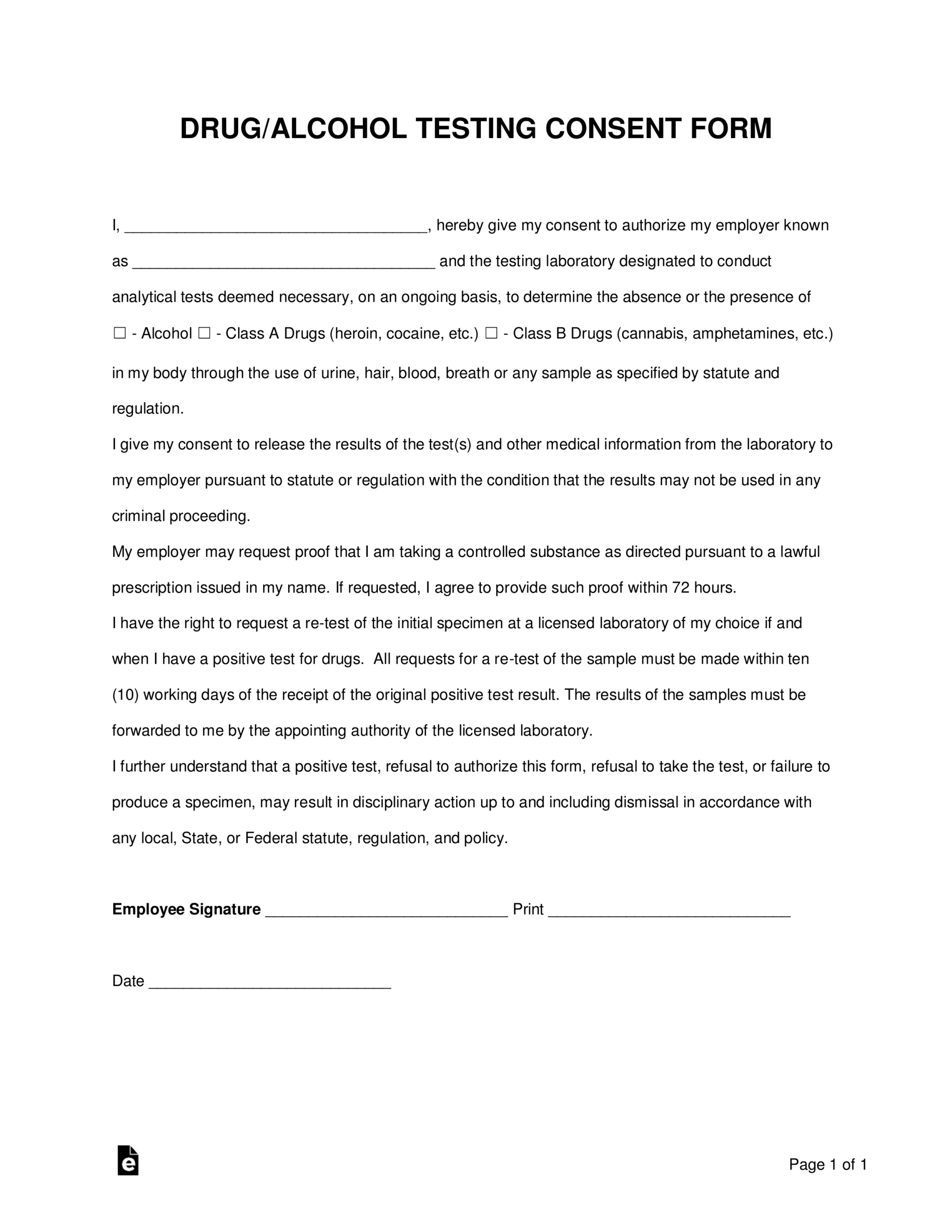 Free Drug Alcohol Testing Consent Form PDF Word EForms