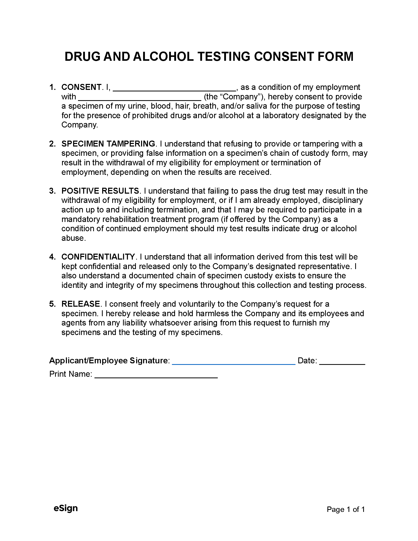 Free Drug Test Consent Form PDF Word
