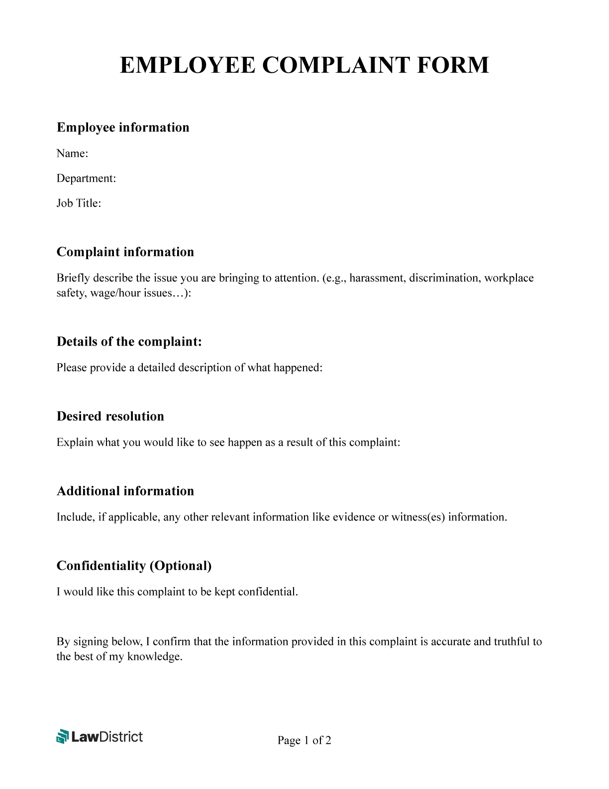Free Employee Complaint Form PDF U0026 Sample LawDistrict