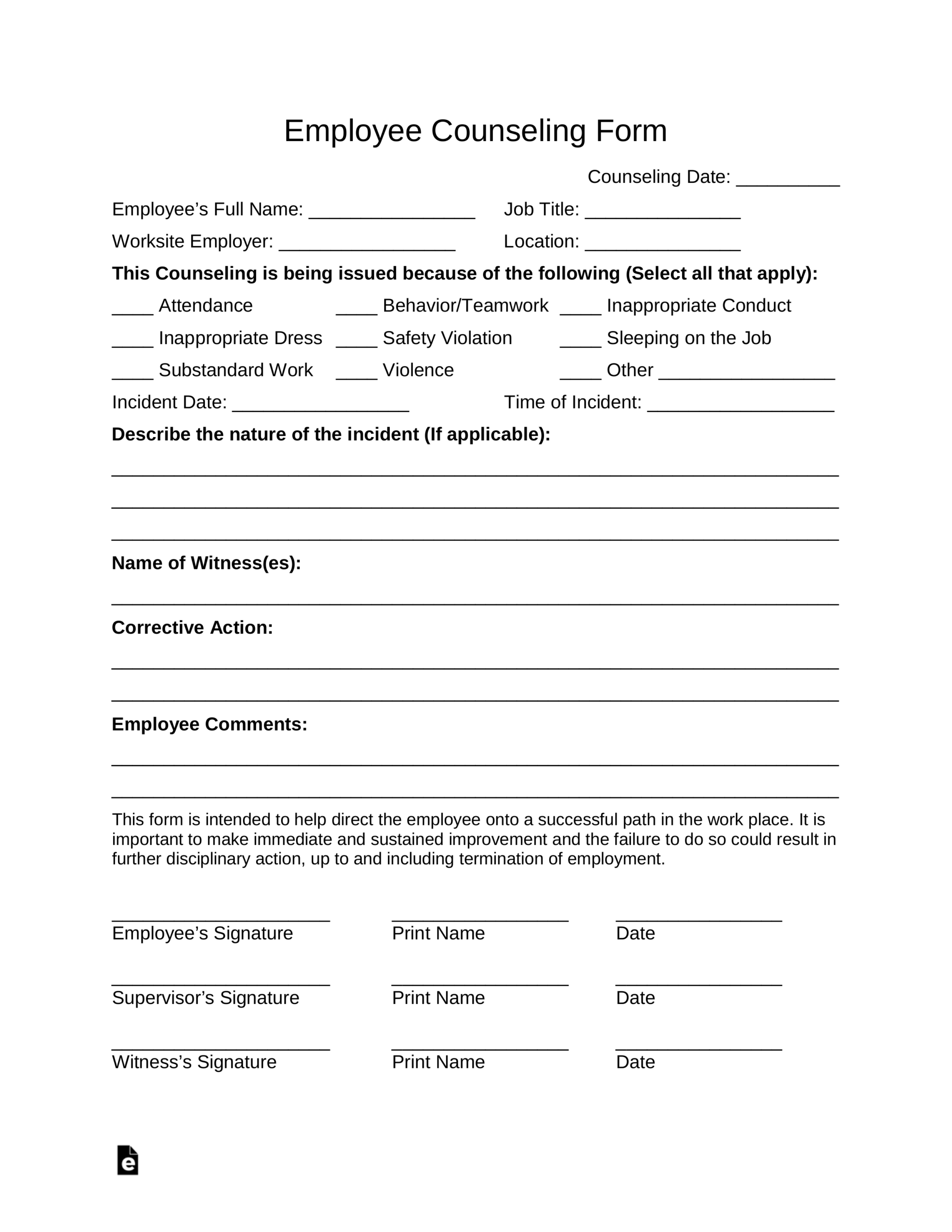 Free Employee Counseling Form PDF Word EForms