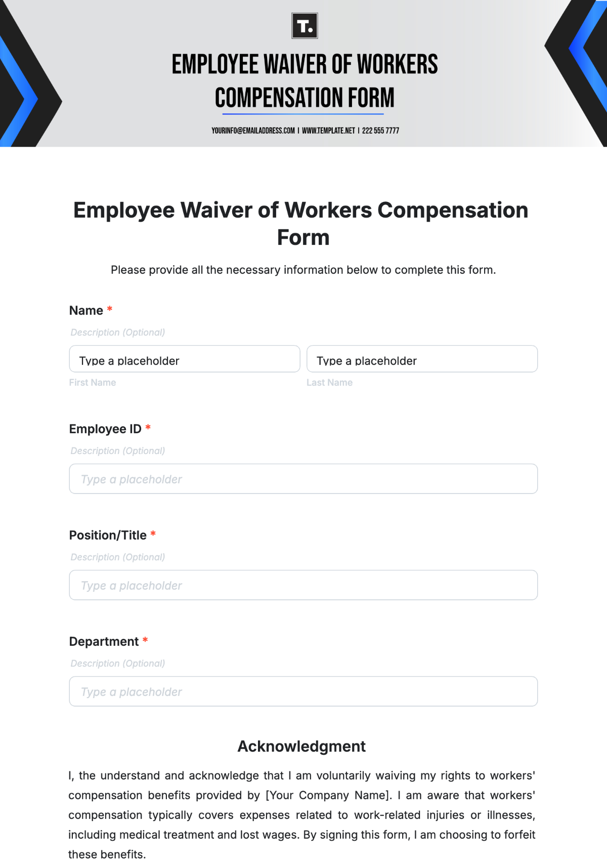 Free Employee Waiver Of Workers Compensation Form Template To Edit Online