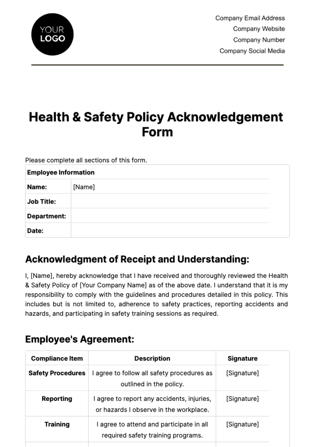 Free Health U0026 Safety Policy Acknowledgement Form Template To Edit Online